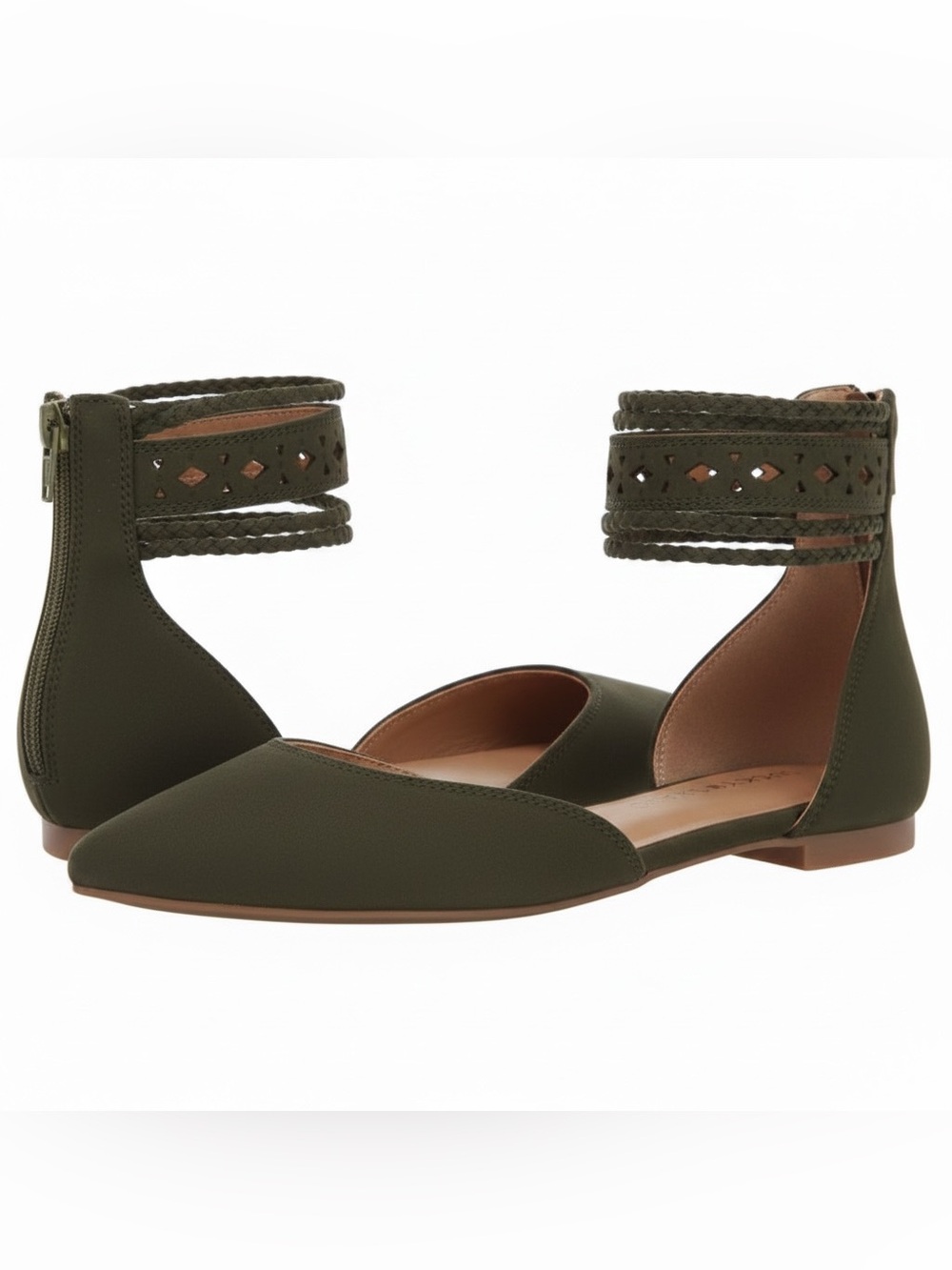 Lucky Brand Madoz Olive Braided Ankle-Strap Pointed Flats Sz9.5